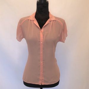 VINTAGE Sweet Pink Sheer Blouse Lace Details